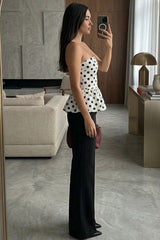 Linen Blend White polka dot tube flare top - FREYJA GLOBAL - 