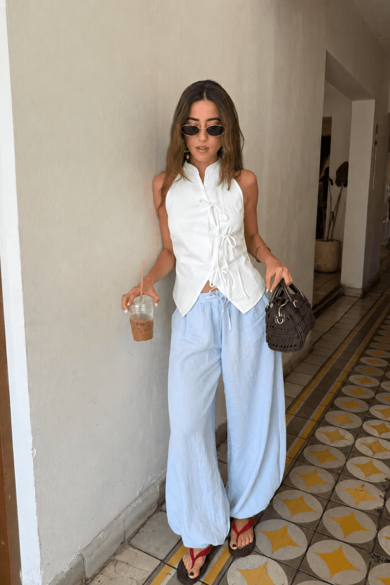Linen Blend White Tie Top - FREYJA GLOBAL-