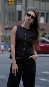 Linen Boat Neck Black Long Vest - FREYJA INDIA - 