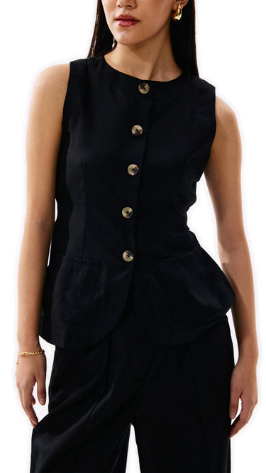 Linen Boat Neck Black Long Vest - FREYJA INDIA - 