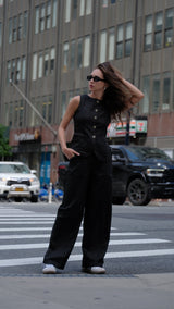 Linen Boat Neck Black Long Vest - FREYJA INDIA - 