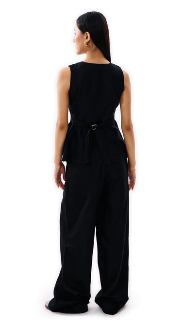 Linen Boat Neck Black Long Vest - FREYJA INDIA - 