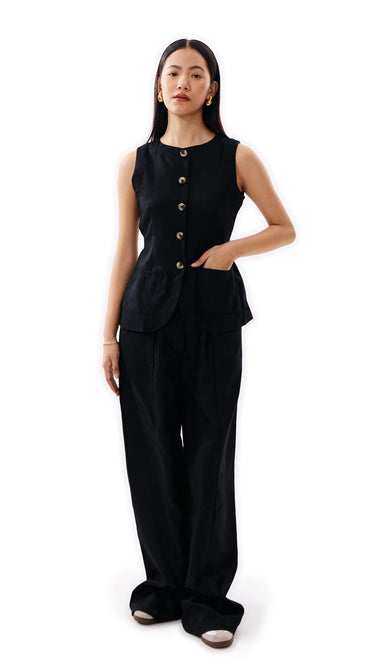 Linen Boat Neck Black Long Vest - FREYJA INDIA - 
