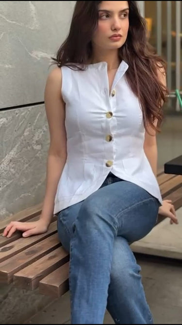 Linen Boat Neck White Long Waistcoat - FREYJA INDIA - 