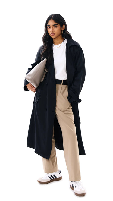 OG premium Black Double - Breasted Trench Coat with Belt - FREYJA INDIA - 