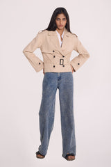 Oversized Beige Premium Twill Jacket with Belt - FREYJA INDIA - 