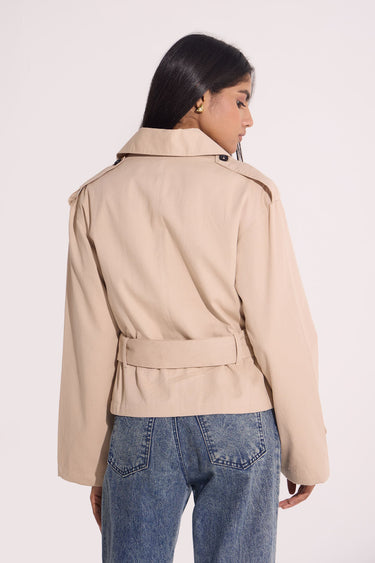 Oversized Beige Premium Twill Jacket with Belt - FREYJA INDIA - 