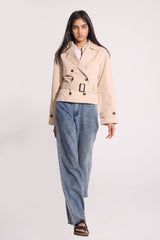 Oversized Beige Premium Twill Jacket with Belt - FREYJA INDIA - 