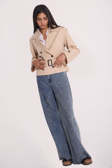 Oversized Beige Premium Twill Jacket with Belt - FREYJA INDIA - 
