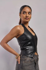 Premium Black Vegan leather Halter neck top - FREYJA GLOBAL - 