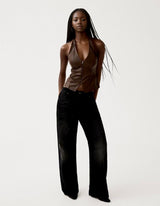 Premium Brown Vegan leather Halter neck top - FREYJA GLOBAL - 