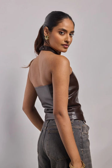 Premium Brown Vegan leather Halter neck top - FREYJA GLOBAL - 