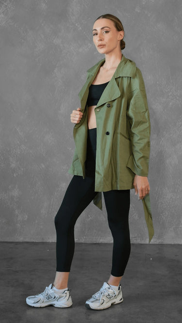 Premium Cargo Green Double - breasted Trench Coat with Belt - FREYJA INDIA - 