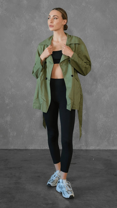 Premium Cargo Green Double - breasted Trench Coat with Belt - FREYJA INDIA - 