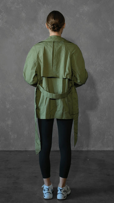 Premium Cargo Green Double - breasted Trench Coat with Belt - FREYJA INDIA - 