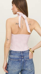 Premium Linen Baby Pink Halter Neck Top - FREYJA INDIA - 
