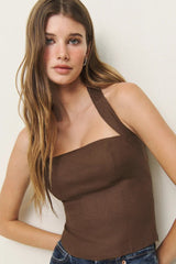 Premium Linen Brown Halter Neck Top - FREYJA INDIA - 