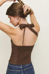 Premium Linen Brown Halter Neck Top - FREYJA INDIA - 