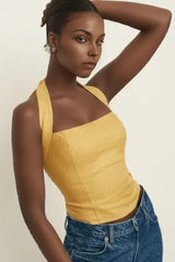 Premium Linen Yellow Halter Neck Top - FREYJA INDIA - 