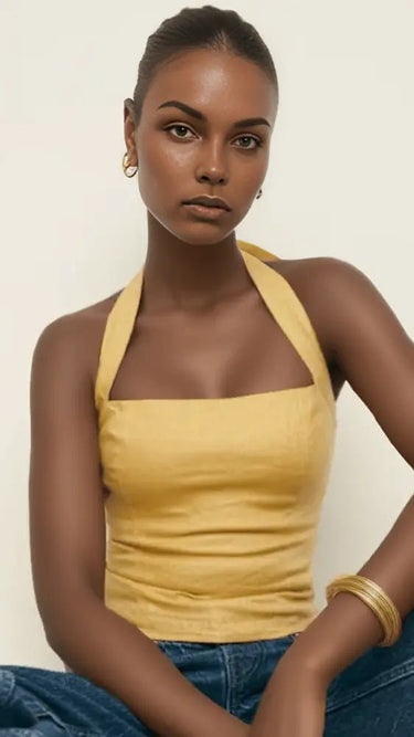 Premium Linen Yellow Halter Neck Top - FREYJA INDIA - 