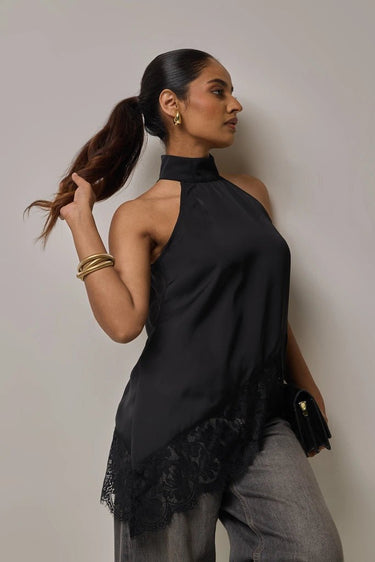 Premium Satin Black Asymmetric Top with Black Lace - FREYJA GLOBAL - 