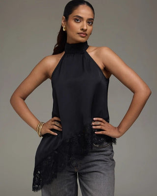 Premium Satin Black Asymmetric Top with Black Lace - FREYJA GLOBAL - 