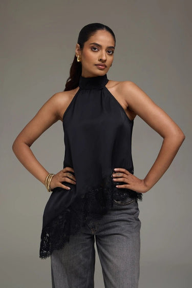 Premium Satin Black Asymmetric Top with Black Lace - FREYJA GLOBAL - 