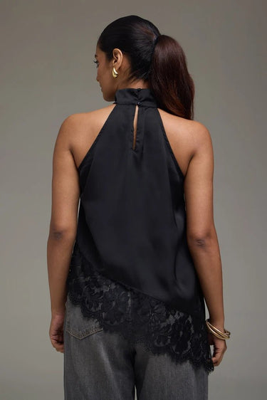 Premium Satin Black Asymmetric Top with Black Lace - FREYJA GLOBAL - 