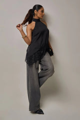 Premium Satin Black Asymmetric Top with Black Lace - FREYJA GLOBAL - 