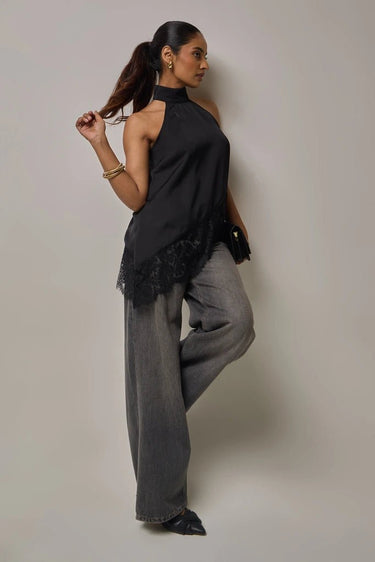 Premium Satin Black Asymmetric Top with Black Lace - FREYJA GLOBAL - 