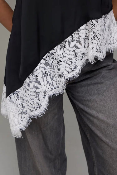 Premium Satin Black Asymmetric Top with White Lace - FREYJA GLOBAL - 