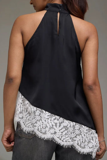 Premium Satin Black Asymmetric Top with White Lace - FREYJA GLOBAL - 