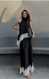 Premium Satin Black Asymmetric Top with White Lace - FREYJA GLOBAL - 