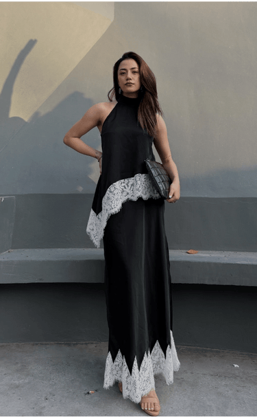 Premium Satin Black Asymmetric Top with White Lace - FREYJA GLOBAL - 