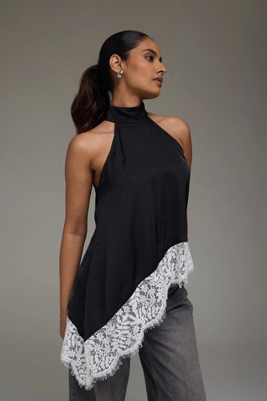 Premium Satin Black Asymmetric Top with White Lace - FREYJA GLOBAL - 