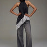 Premium Satin Black Asymmetric Top with White Lace - FREYJA GLOBAL - 