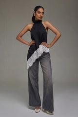 Premium Satin Black Asymmetric Top with White Lace - FREYJA GLOBAL - 