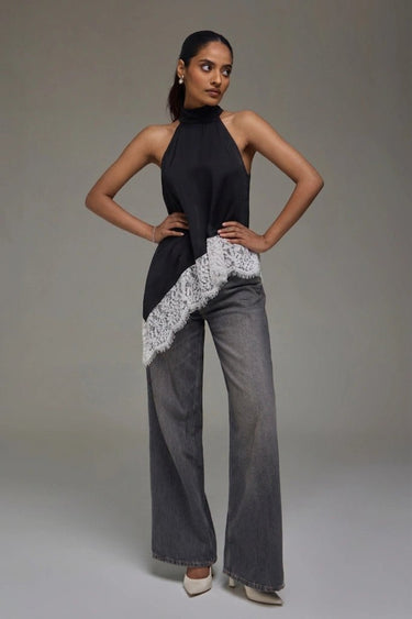 Premium Satin Black Asymmetric Top with White Lace - FREYJA GLOBAL - 