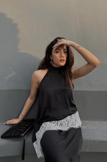 Premium Satin Black Asymmetric Top with White Lace - FREYJA GLOBAL - 