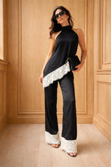 Premium Satin Black Co - ord set with White lace - FREYJA GLOBAL - 