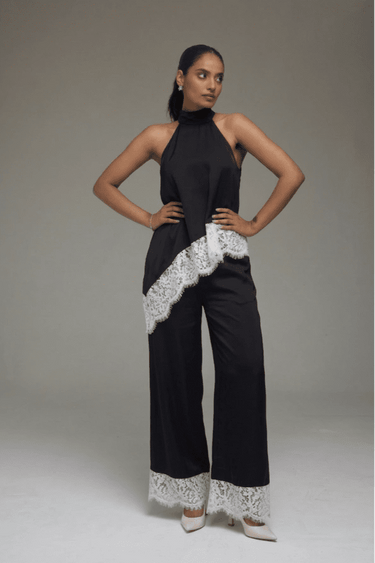 Premium Satin Black Co - ord set with White lace - FREYJA GLOBAL - 