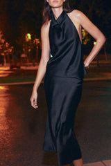 Premium Satin Black Halter neck top - FREYJA GLOBAL - 