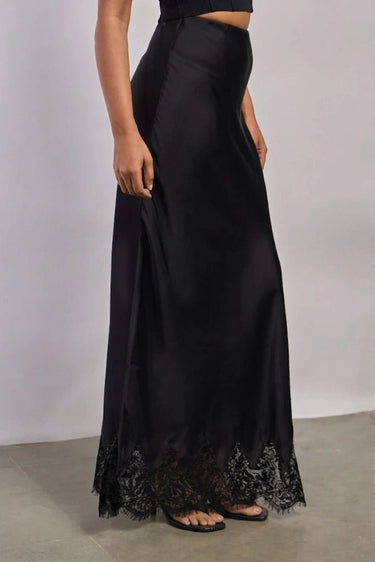 Premium Satin Black Long Skirt with Black Lace - FREYJA GLOBAL - 
