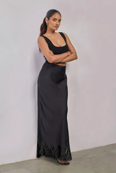 Premium Satin Black Long Skirt with Black Lace - FREYJA GLOBAL - 