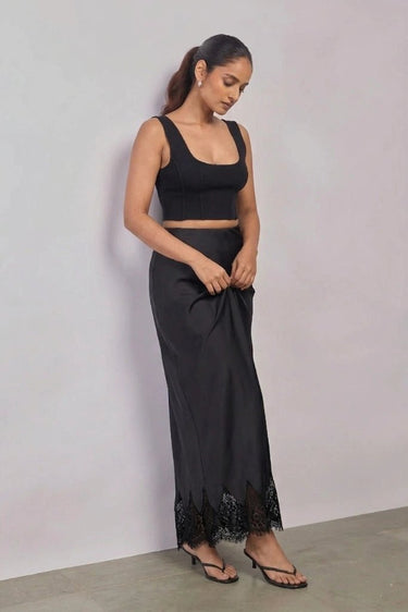 Premium Satin Black Long Skirt with Black Lace - FREYJA GLOBAL - 