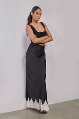 Premium Satin Black Long Skirt with Lace - FREYJA GLOBAL - 