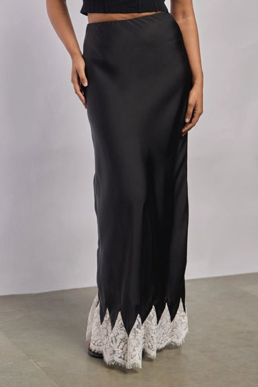 Premium Satin Black Long Skirt with Lace - FREYJA GLOBAL - 