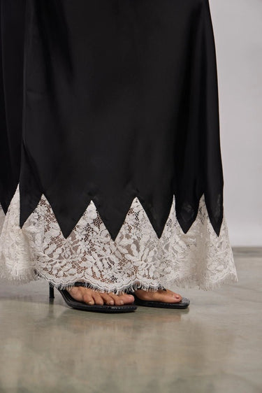 Premium Satin Black Long Skirt with Lace - FREYJA GLOBAL - 