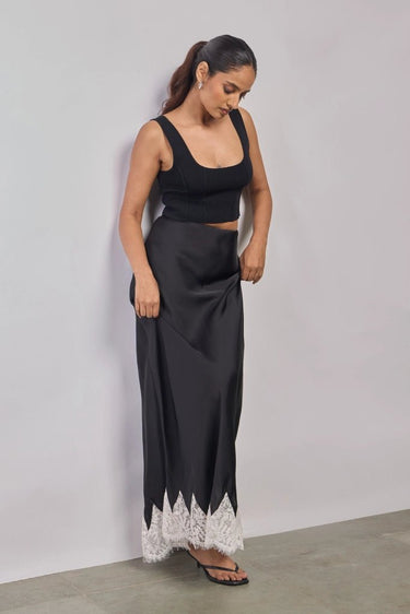 Premium Satin Black Long Skirt with Lace - FREYJA GLOBAL - 