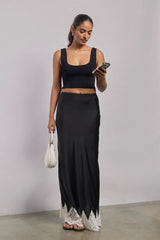 Premium Satin Black Long Skirt with Lace - FREYJA GLOBAL - 